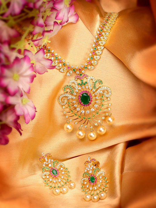 Saraf RS Jewellery Women Gold-Toned & Multi-Coloured CZ-Studded Handcrafted Jewellery Set - Grab2buy