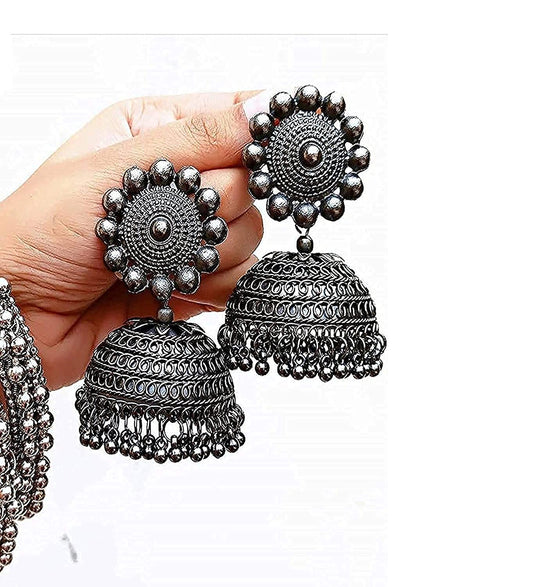 Rhodium-Plated Alloy Black Metallic Jhumki Earrings - The Pari - Grab2buy