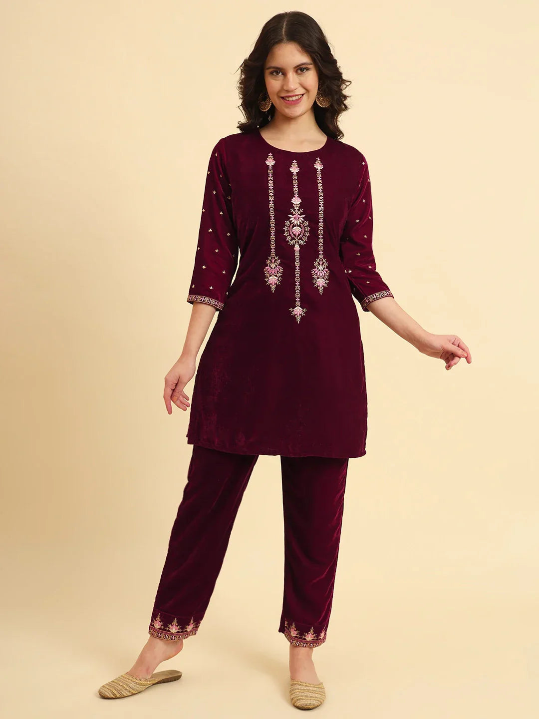 Yufta Magenta Velvet embroidered Co Ord Set With Cotton Lining 