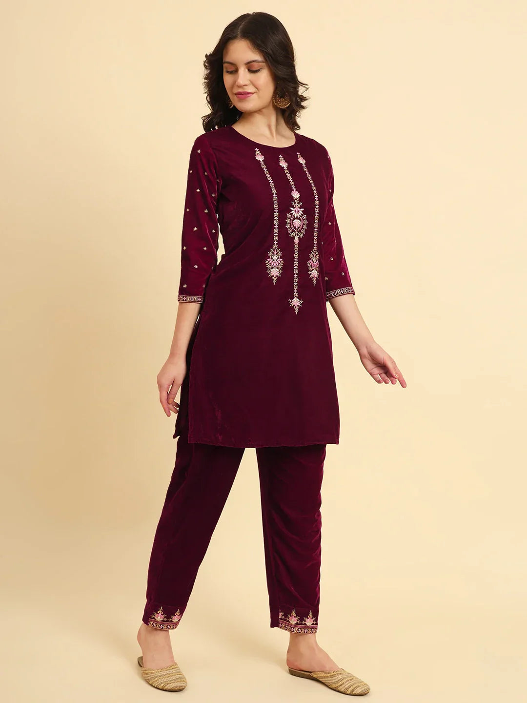 Yufta Magenta Velvet embroidered Co Ord Set With Cotton Lining 