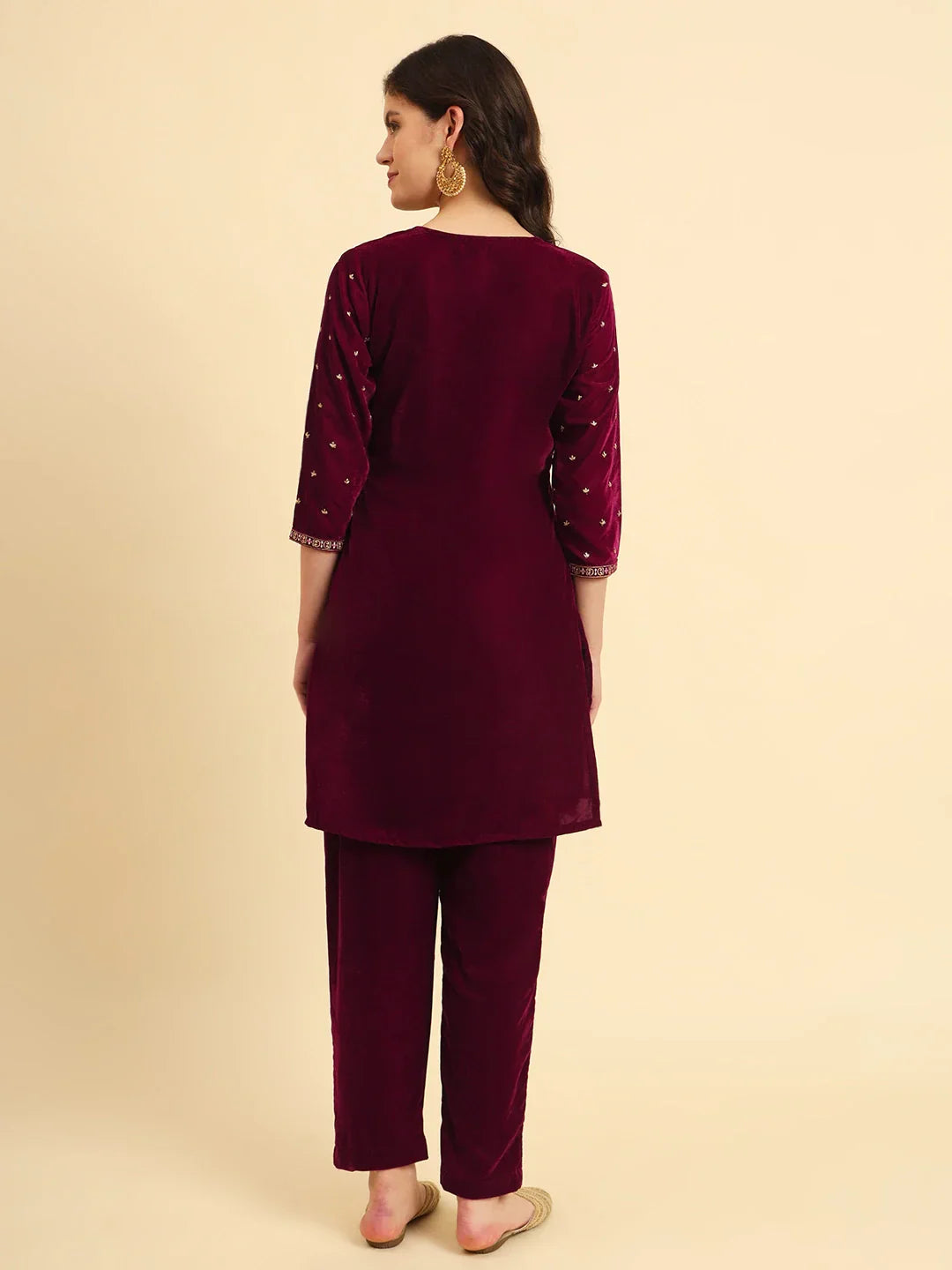 Yufta Magenta Velvet embroidered Co Ord Set With Cotton Lining 