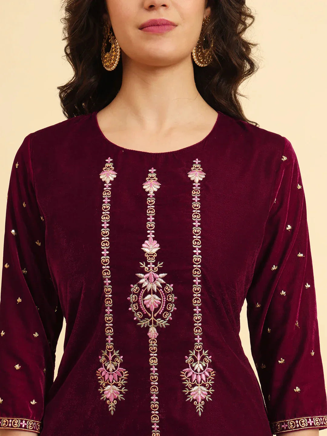 Yufta Magenta Velvet embroidered Co Ord Set With Cotton Lining 