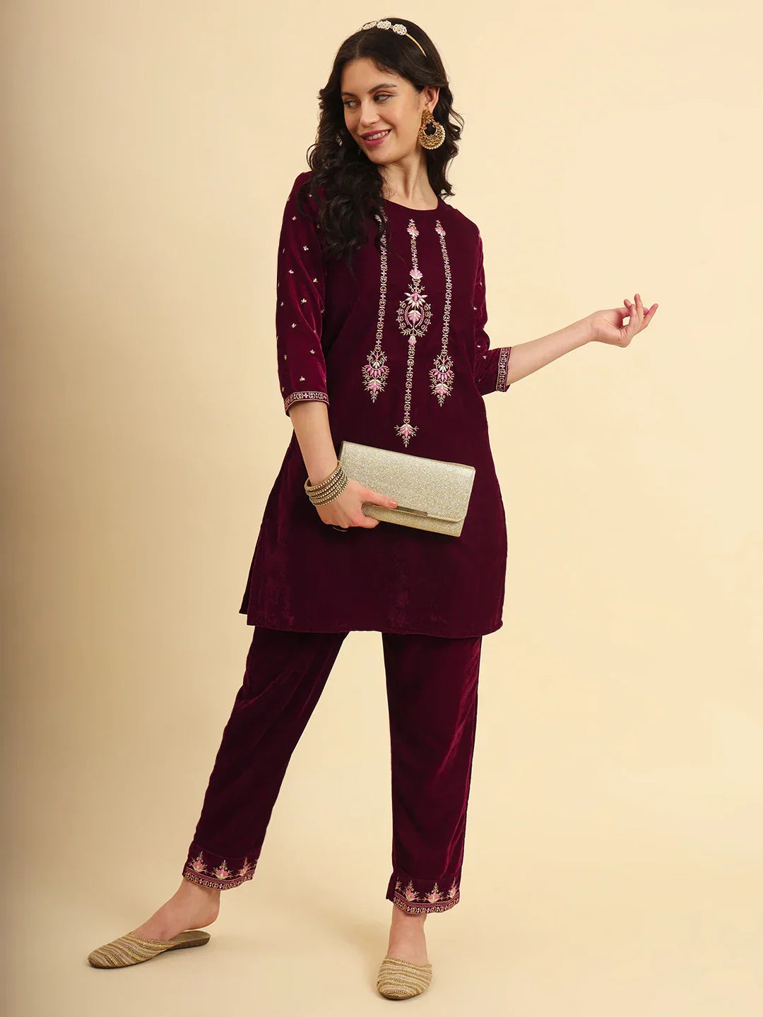 Yufta Magenta Velvet embroidered Co Ord Set With Cotton Lining 