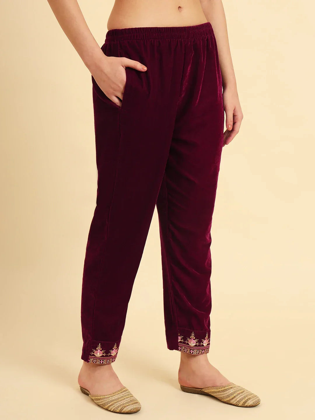 Yufta Magenta Velvet embroidered Co Ord Set With Cotton Lining 
