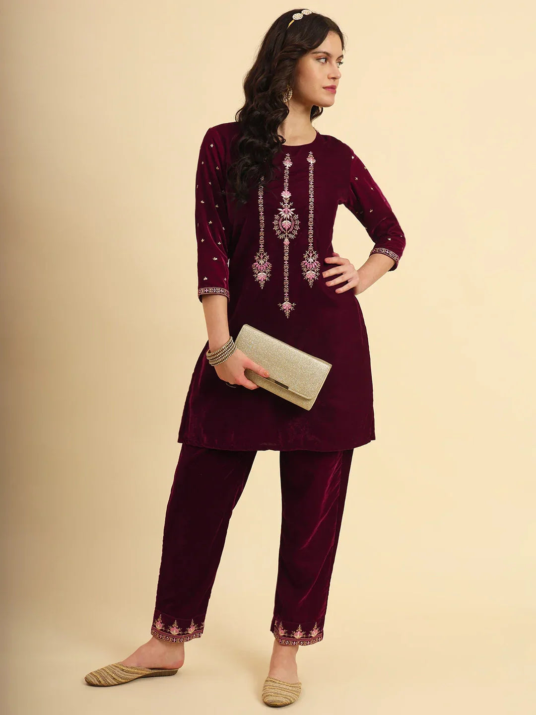 Yufta Magenta Velvet embroidered Co Ord Set With Cotton Lining 