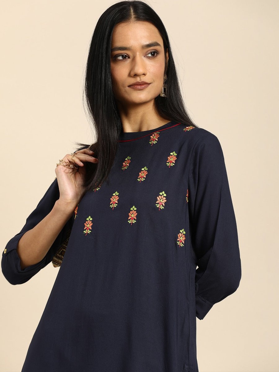 All About You Women Navy Blue Floral Embroidered Regular Thread Work Kurta with Trousers