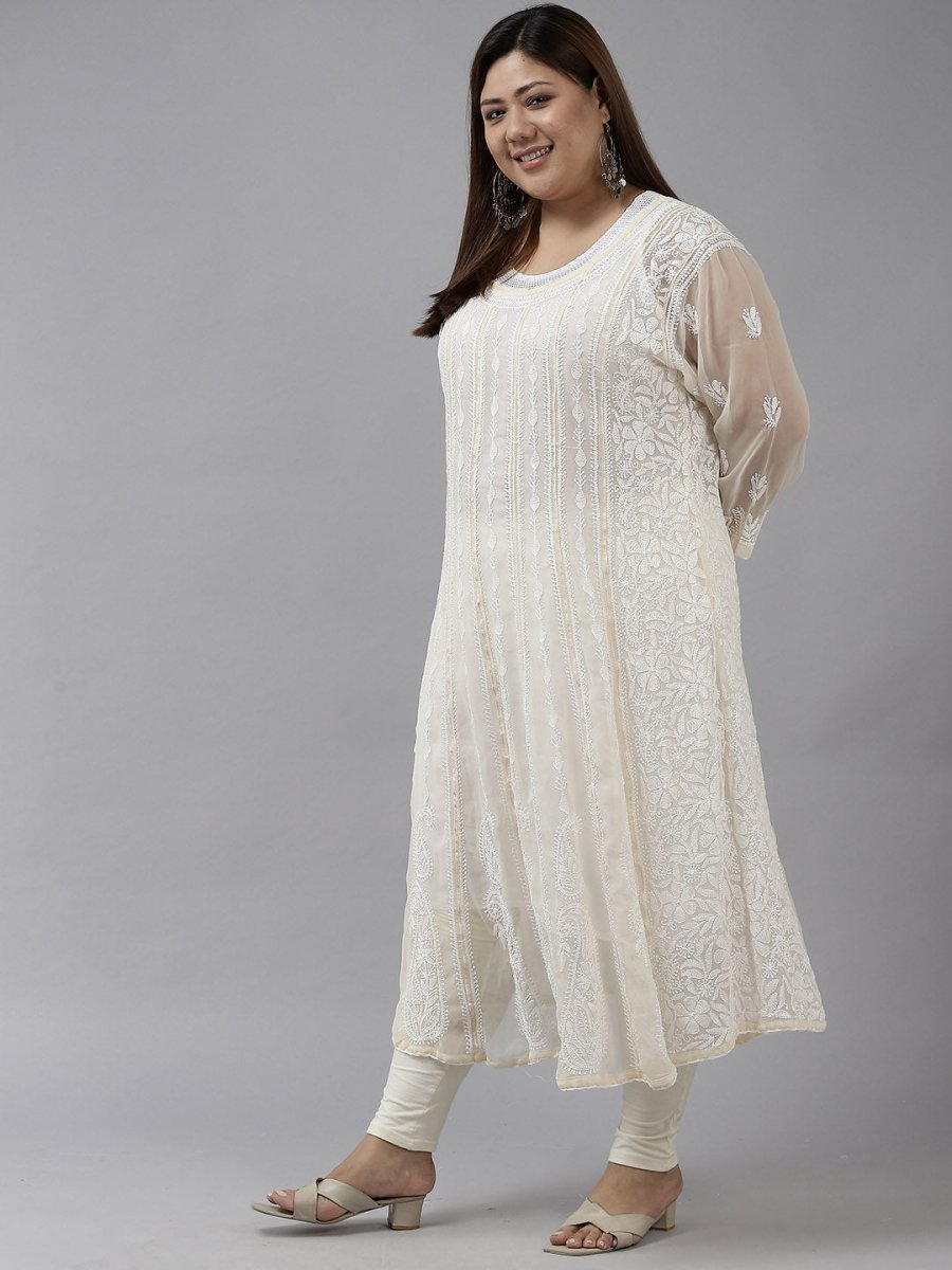 ADA Women Beige Ethnic Motifs Plus Size Chikankari Georgette Anarkali Kurta 