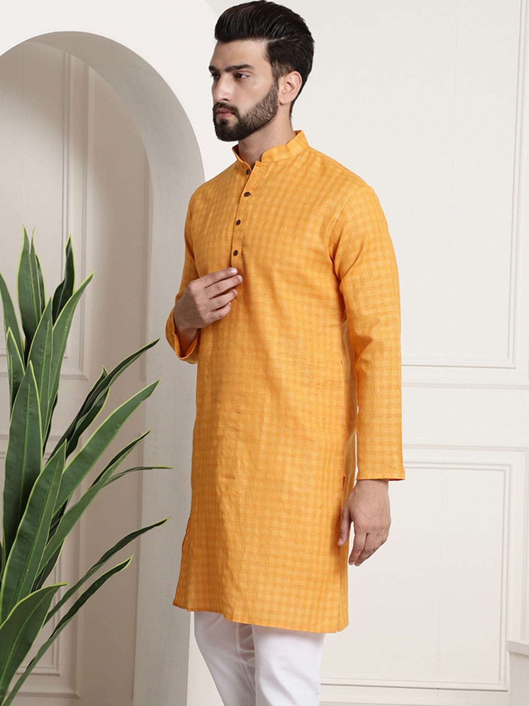 Sojanya Men Mustard Yellow Dobby Self-Checked Straight Kurta 