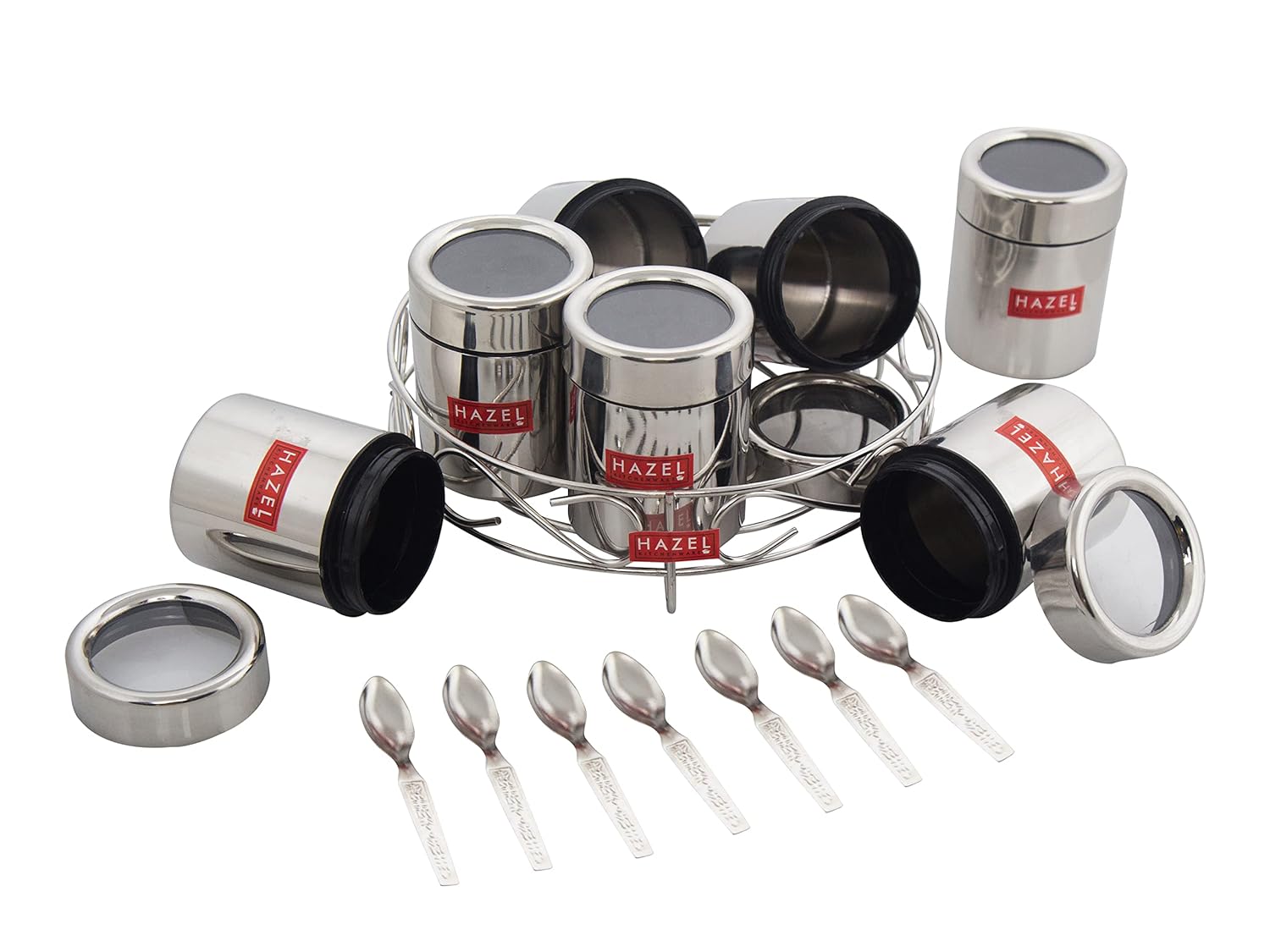 HAZEL Stainless Steel Masala Container|Masala Boxes for Kitchen with 7 Spoons(Set of 7)