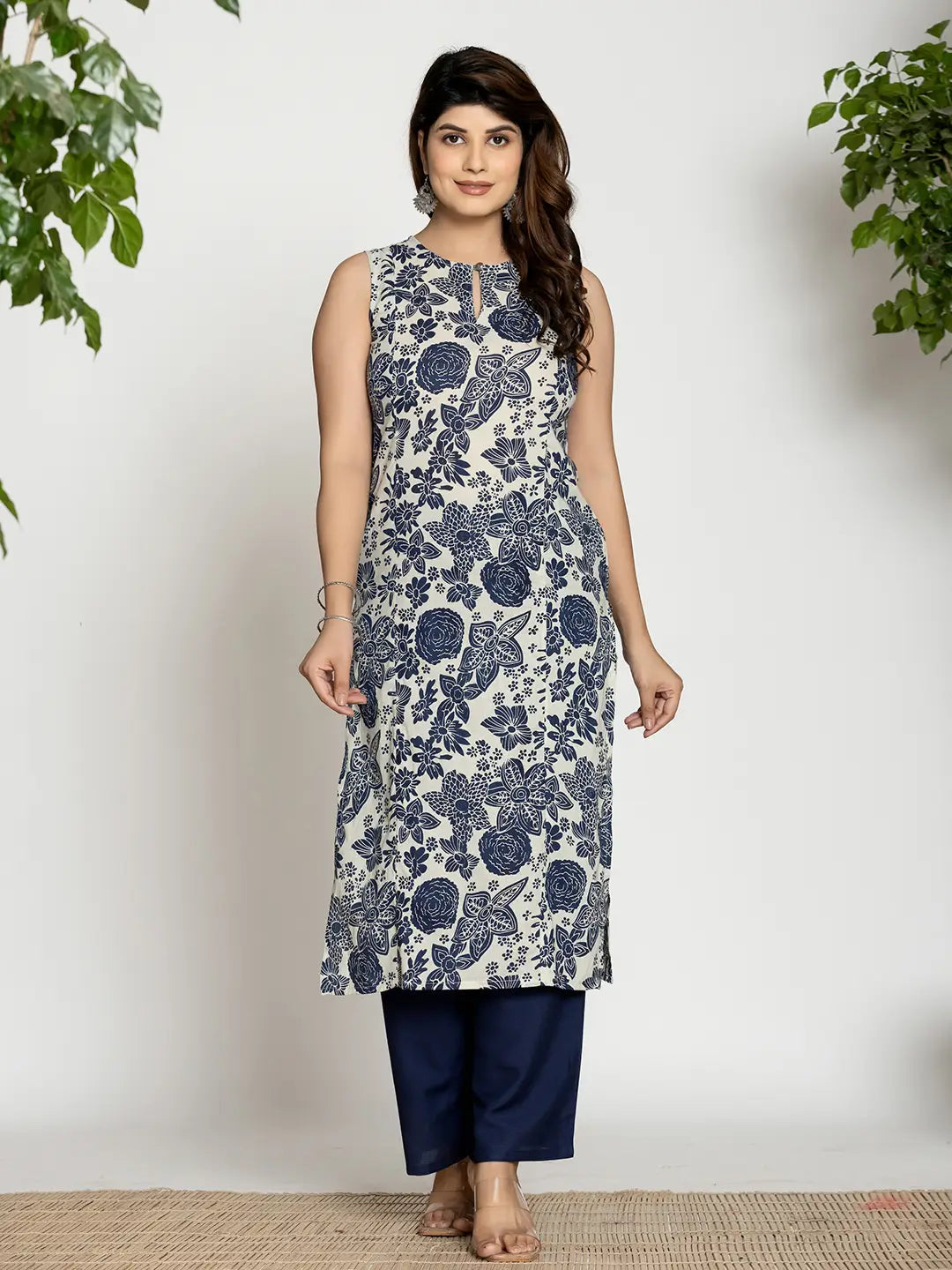 Yufta Blue Cotton Ethnic Motifs Straight Kurta | Grab2Buy