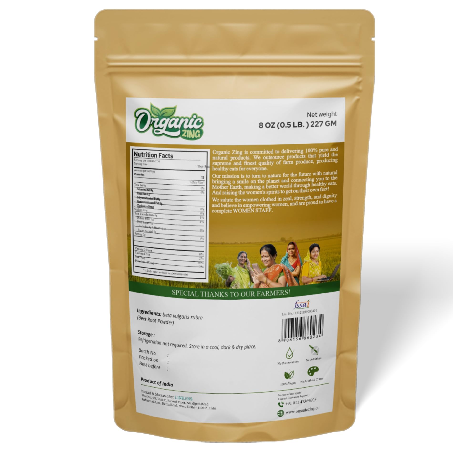Organic Zing Beetroot Powder/Vegan/Preservative Free/Product of India - 227gm Resalable Pack (Pack of 2)