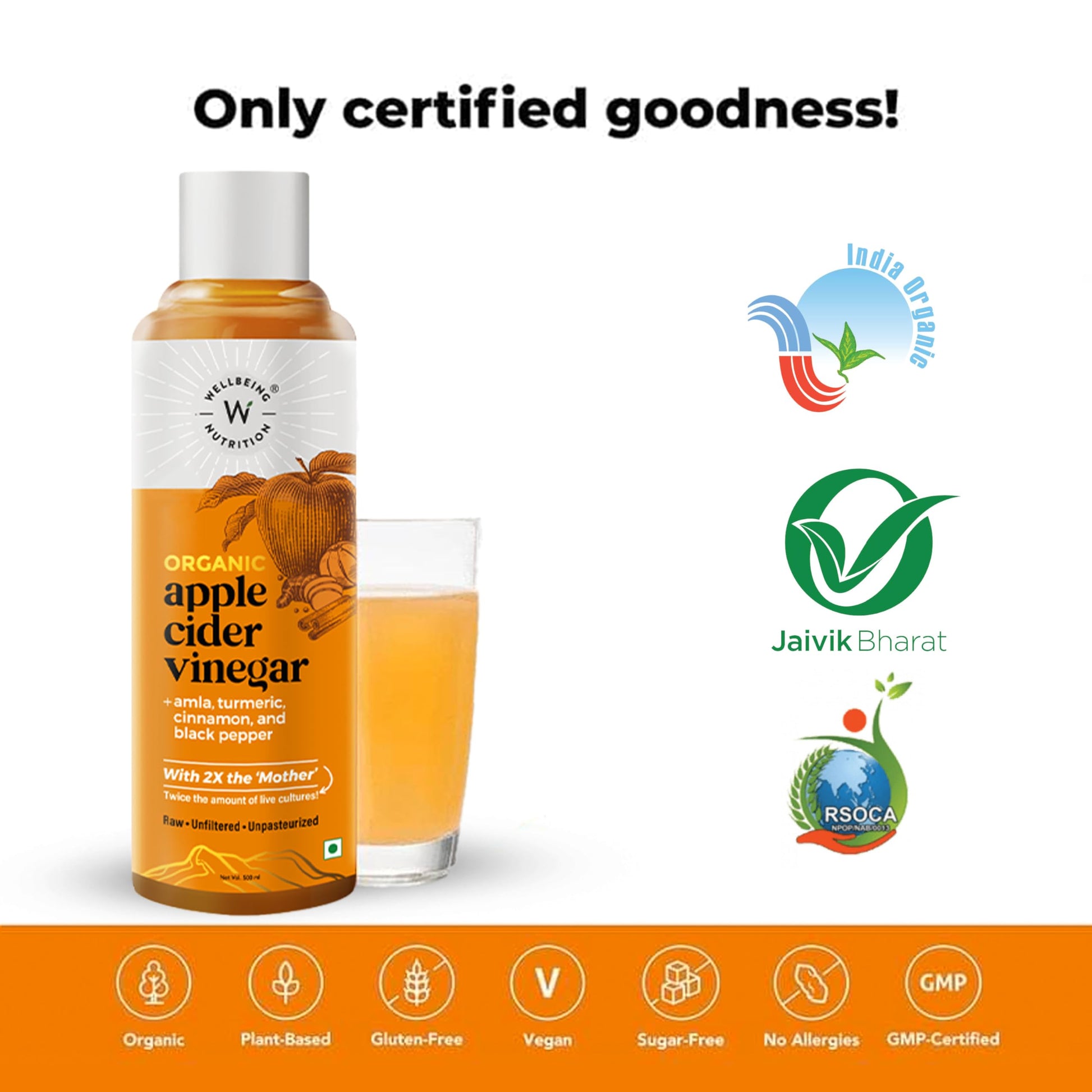 Wellbeing Nutrition Organic Apple Cider Vinegar with 2X Mother - Amla, Turmeric, Cinnamon, and Black Pepper 