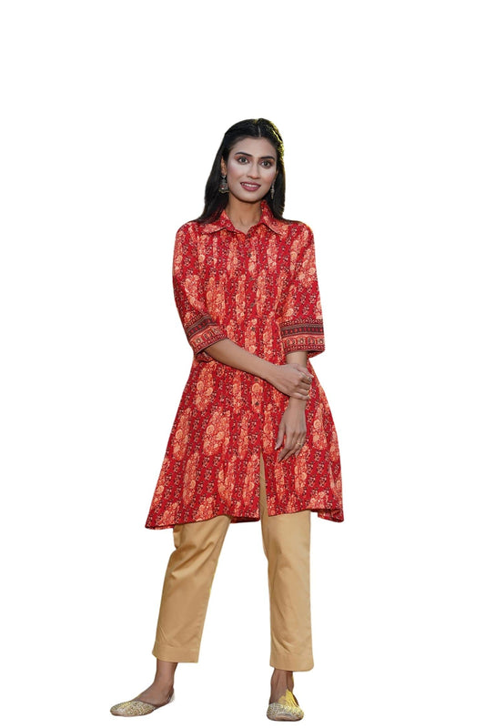 Juniper Women's Red Ethnic Motif Printed Rayon A-Line Kurta with Buttons