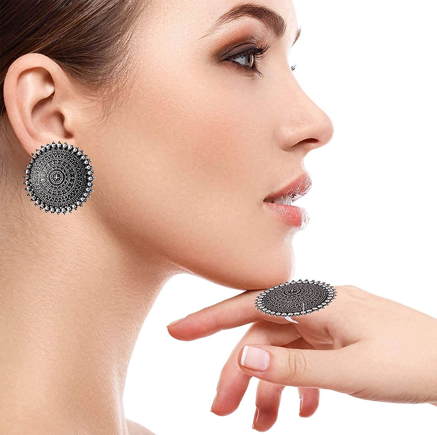 Silver-Plated Alloy Antique Silver Round Earrings With Ring - The Pari - Grab2buy