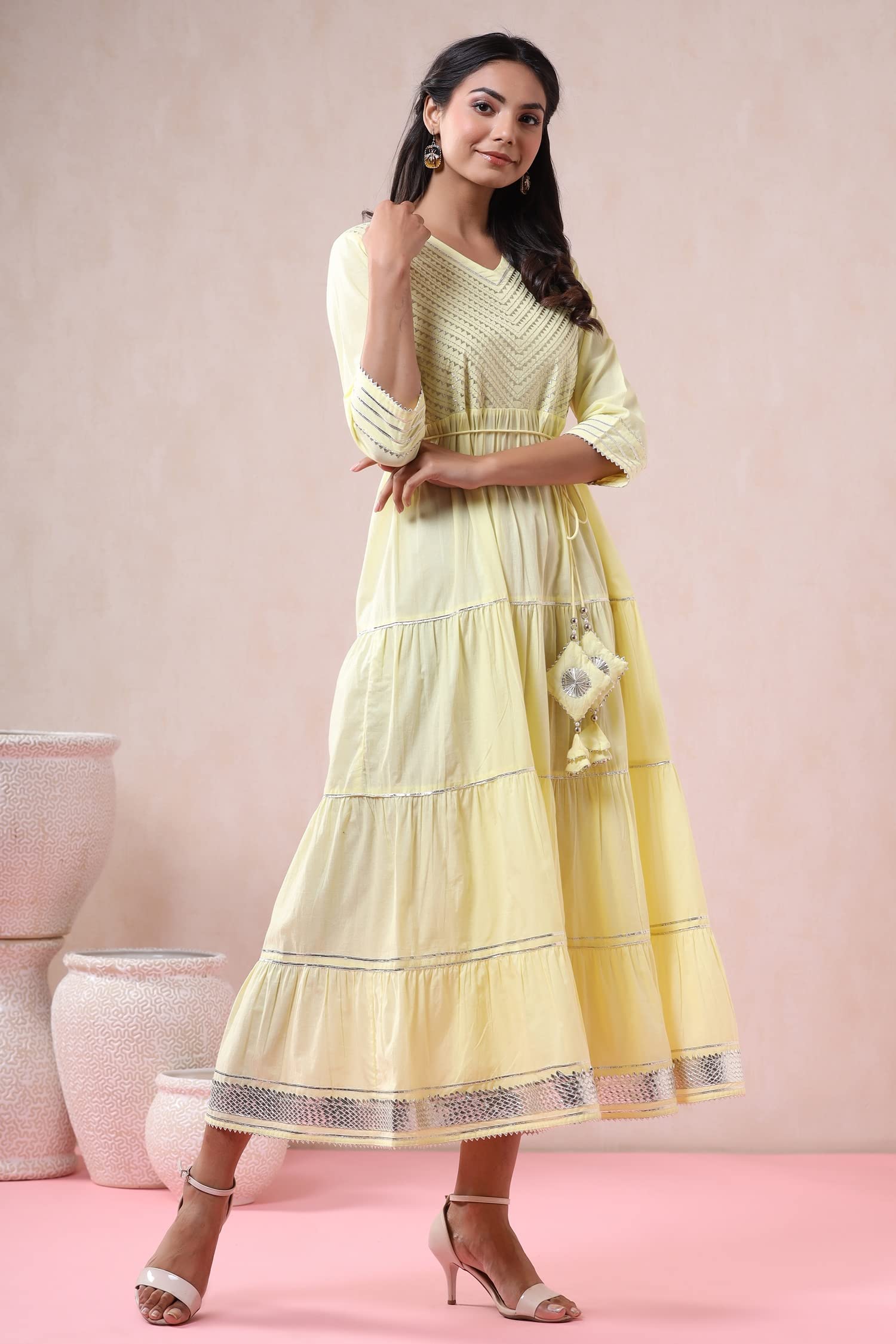 Juniper Women's Yellow Solid Pure Cotton Solid Tiered Maxi Dress With Gota Work Dori Tie-Up & Cushioned Tassels At Waist