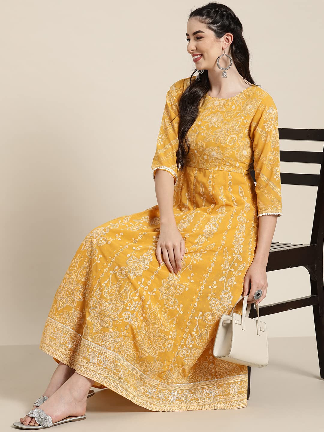 Juniper Women's Yellow Floral Printed Georgette Maxi Dress With Beads Kantha Work & Sequins At Neckline