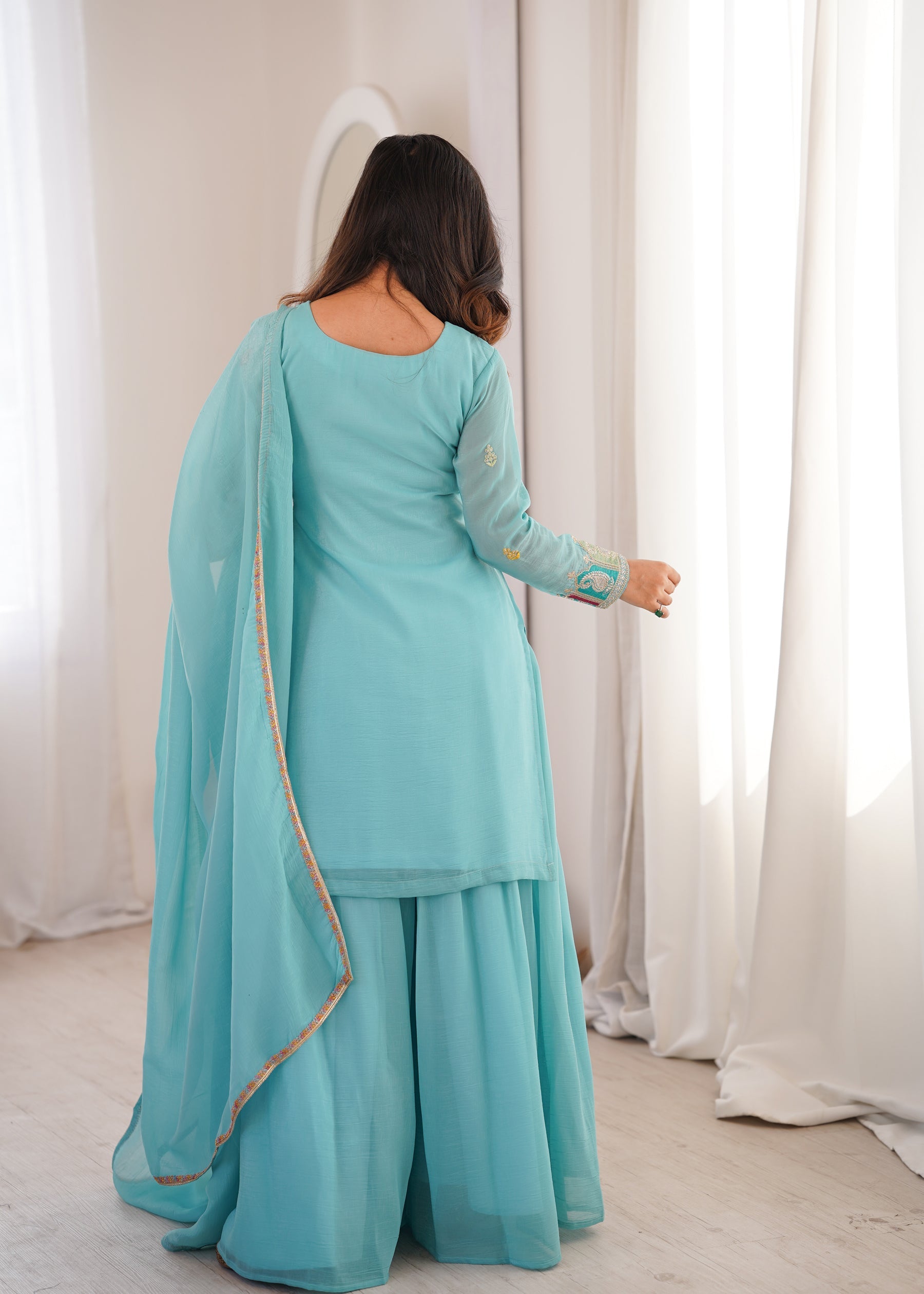Lorenvalley Fashion Skyblue Crunchy Silk with Embroidery Sequence, Dori, Jari Work Kurta Palazzo with Dupatta