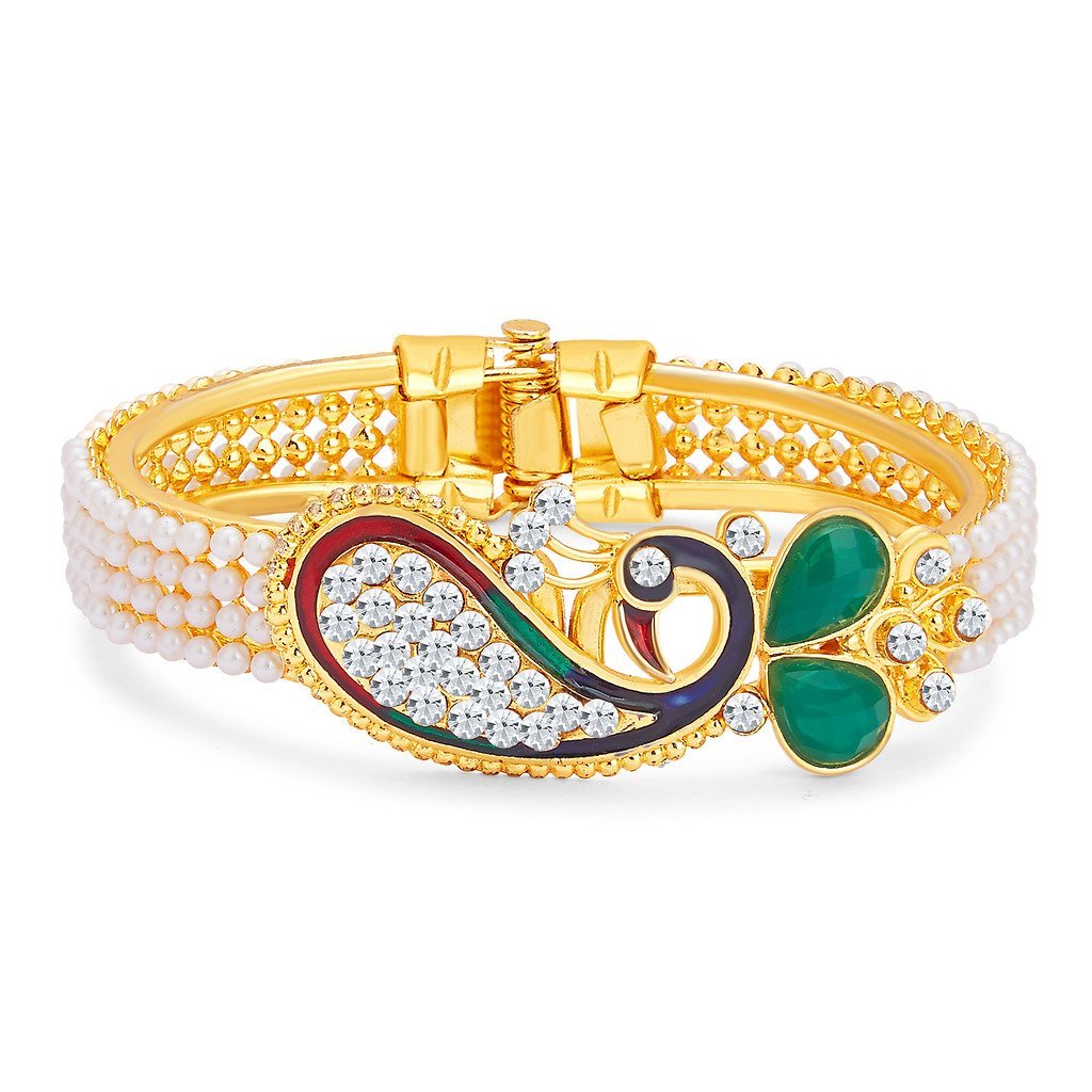 Gold-Polished Alloy Pearl Studded Peacock Enamel Bangle - The Pari 