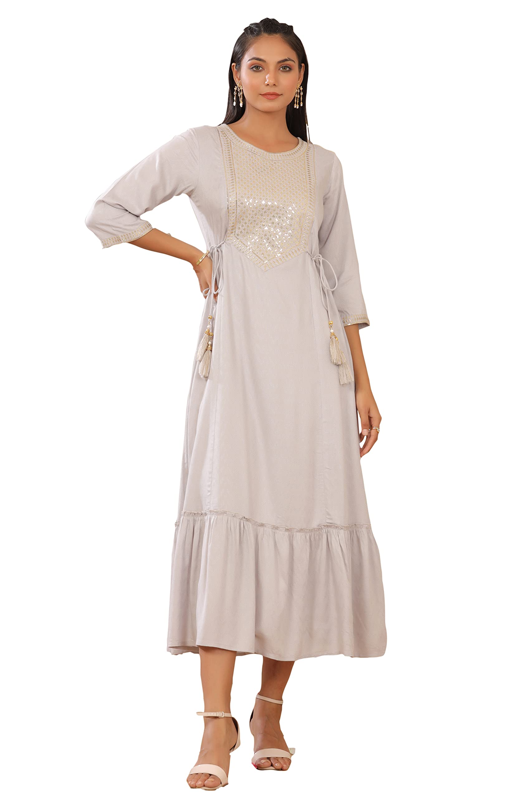 Juniper Women's Grey Zari Embroidered Rayon Dobby Maxi Dress