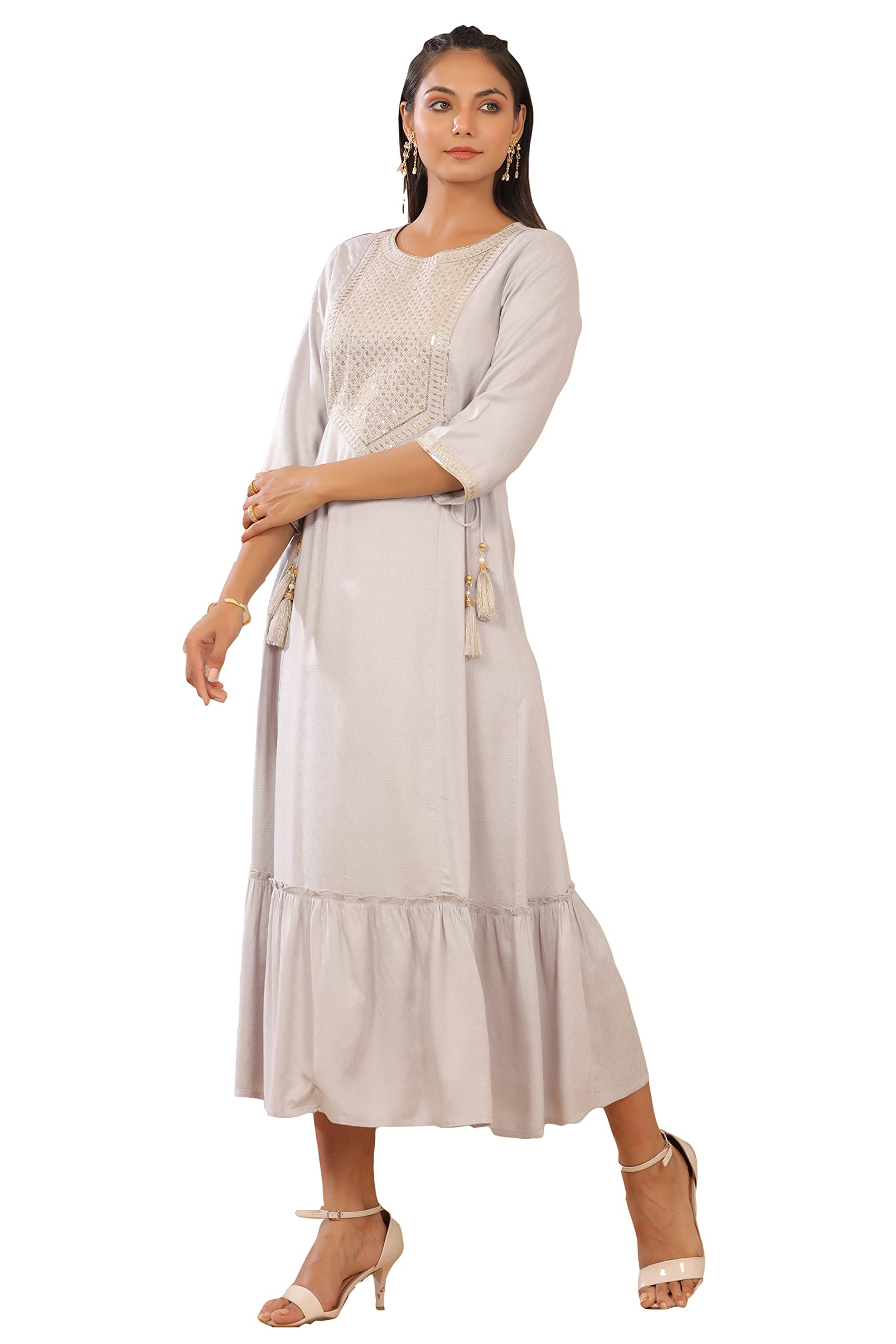 Juniper Women's Grey Zari Embroidered Rayon Dobby Maxi Dress