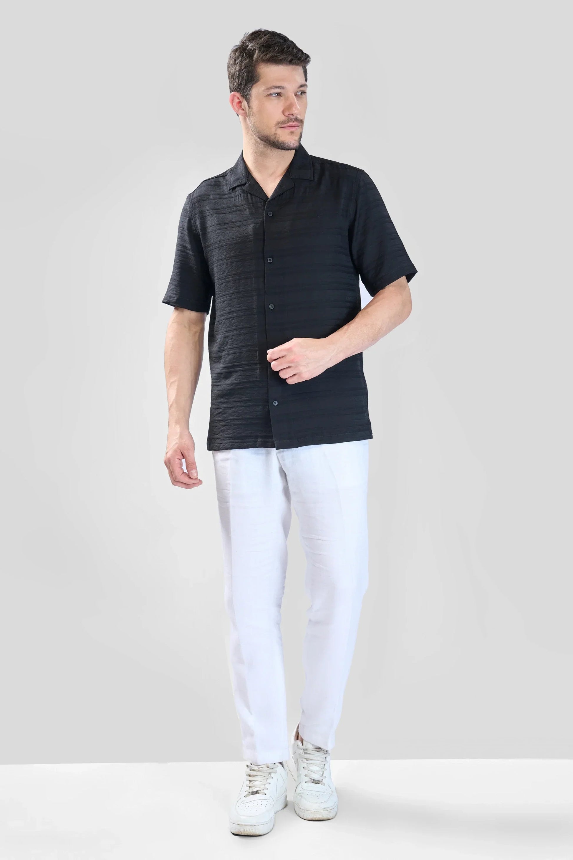 Xkind Black Horizontal Pleated Stripes Relaxed Fit Shirt  Grab2Buy Xkind Grab2Buy