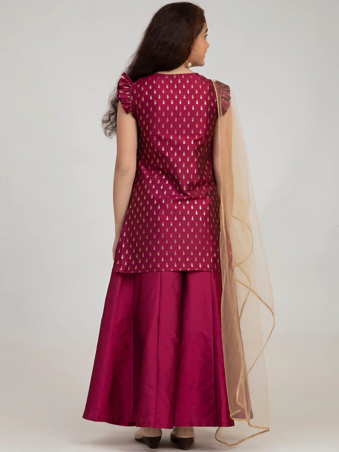 NOZ2TOZ Burgundy Embroidered Kurta with Sharara & With Dupatta For Girls 