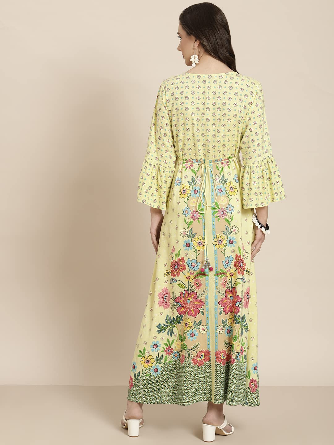 Juniper Women's Lime Floral Printed Rayon Kurta With Buttons Closure At Back