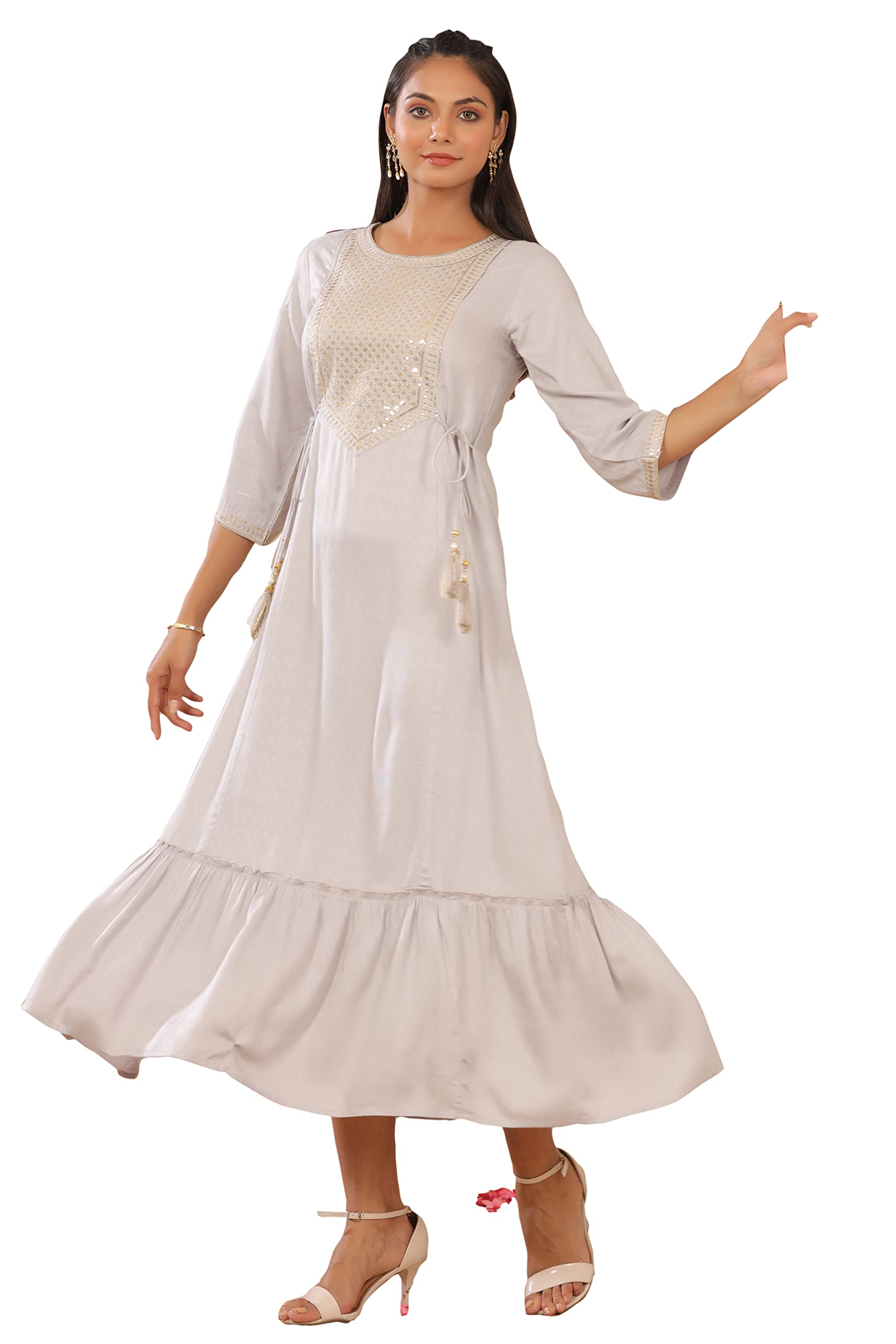 Juniper Women's Grey Zari Embroidered Rayon Dobby Maxi Dress
