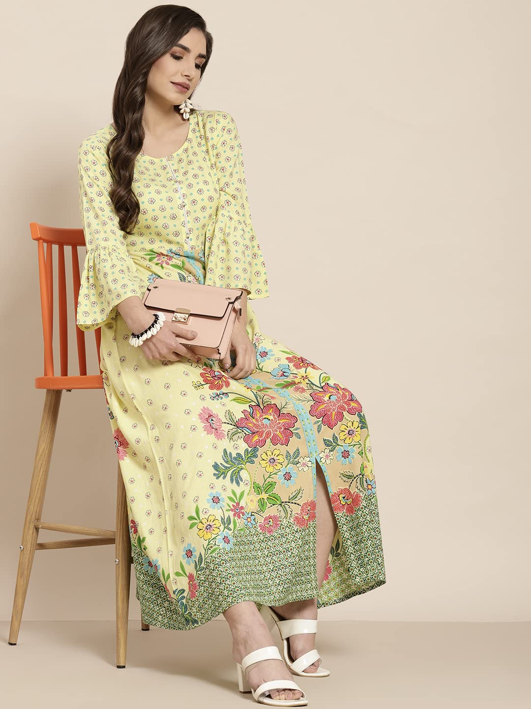 Juniper Women's Lime Floral Printed Rayon Kurta With Buttons Closure At Back