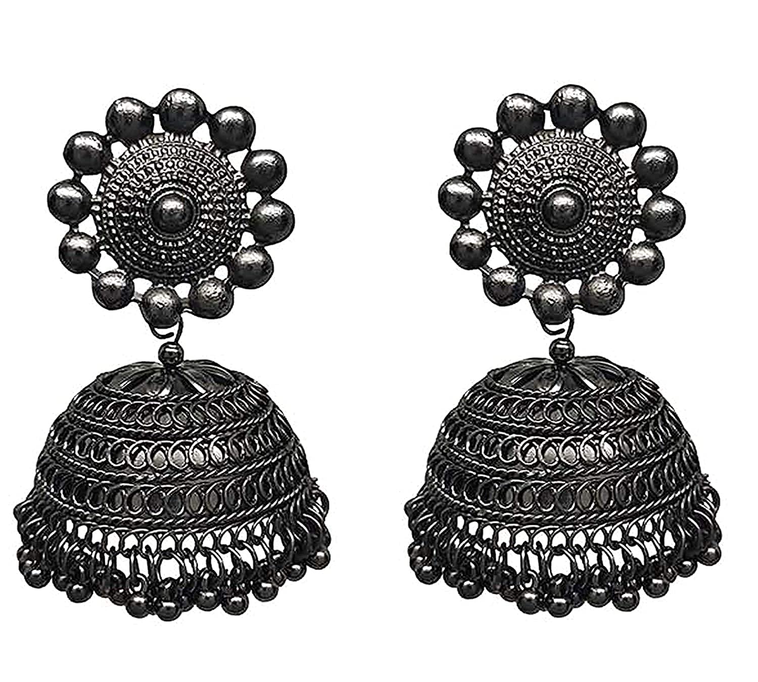 Rhodium-Plated Alloy Black Metallic Jhumki Earrings - The Pari - Grab2buy