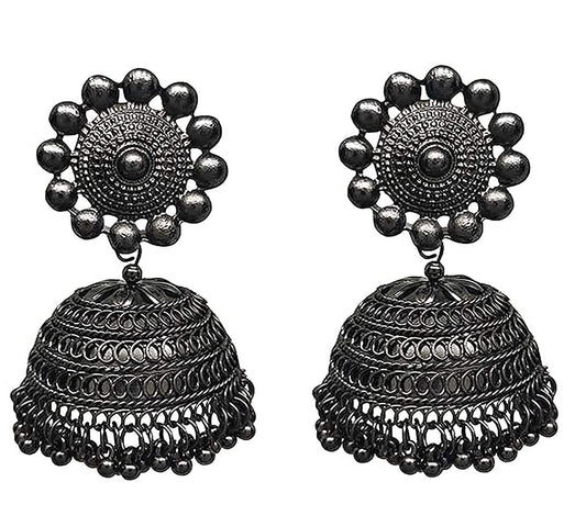 Rhodium-Plated Alloy Black Metallic Jhumki Earrings - The Pari - Grab2buy