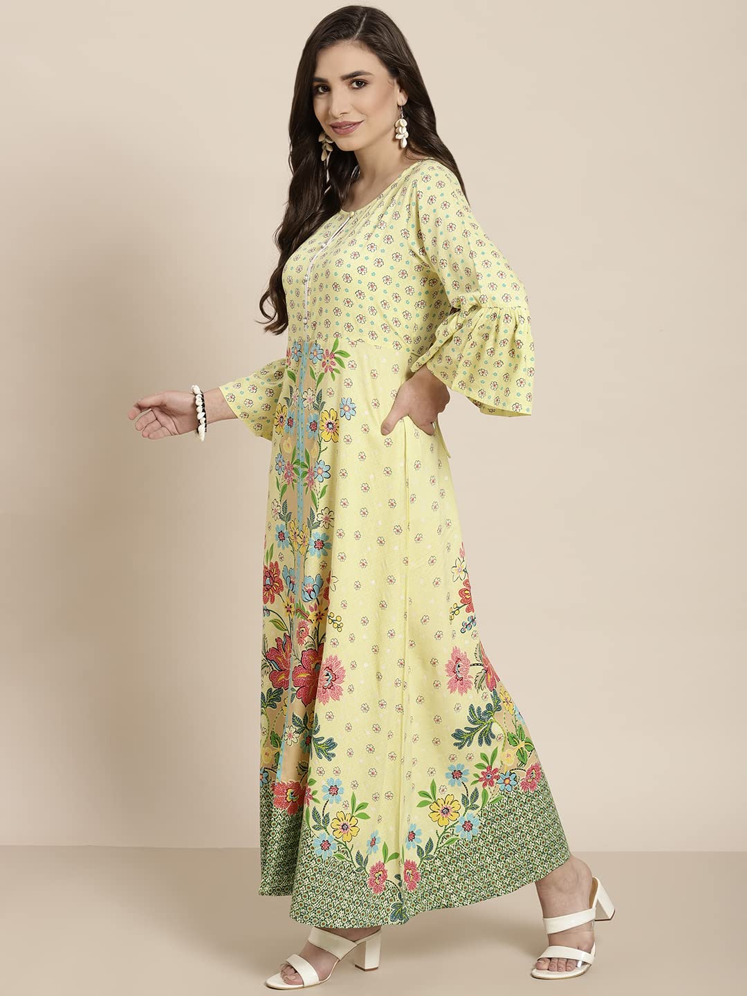 Juniper Women's Lime Floral Printed Rayon Kurta With Buttons Closure At Back