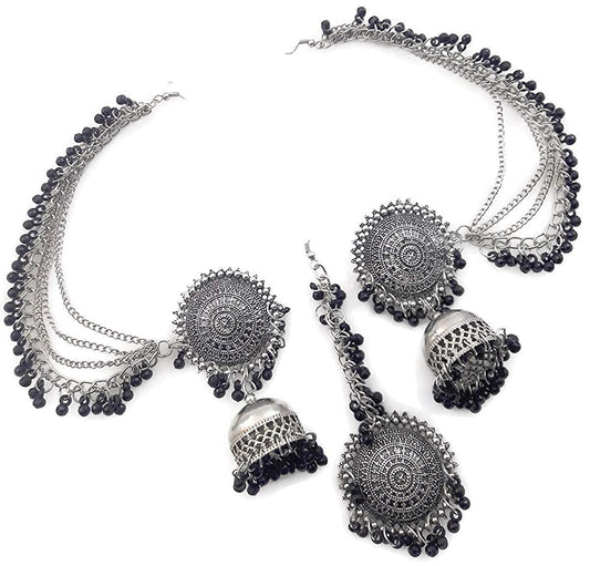 Silver-Plated Alloy Silver Black Earrings With Hair Extension - The Pari - Grab2buy