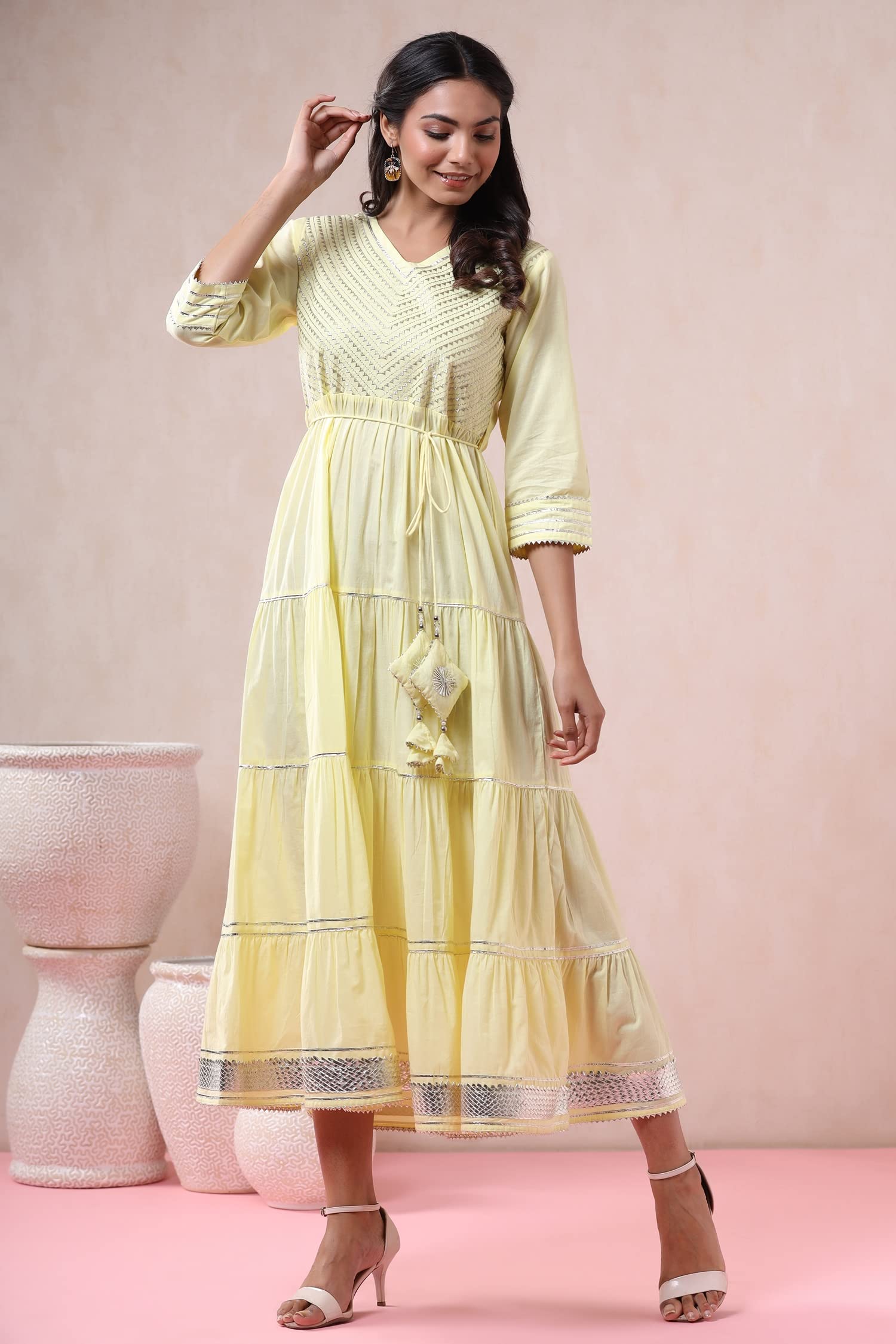 Juniper Women's Yellow Solid Pure Cotton Solid Tiered Maxi Dress With Gota Work Dori Tie-Up & Cushioned Tassels At Waist