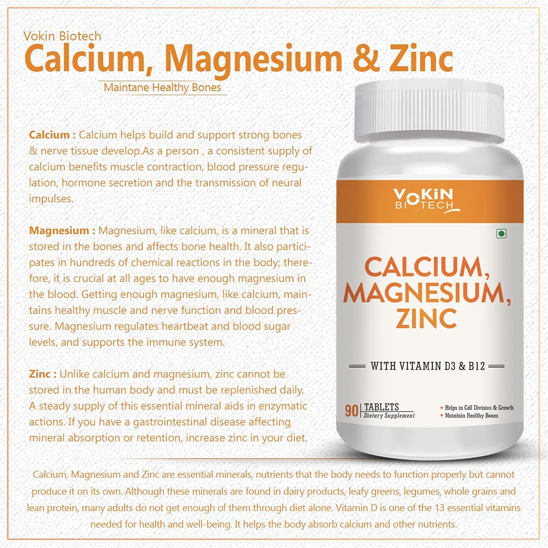 Vokin Biotech Calcium, Magnesium, Zinc, D3 & B12-Tablets  Grab2Buy Vokin Biotech Grab2Buy