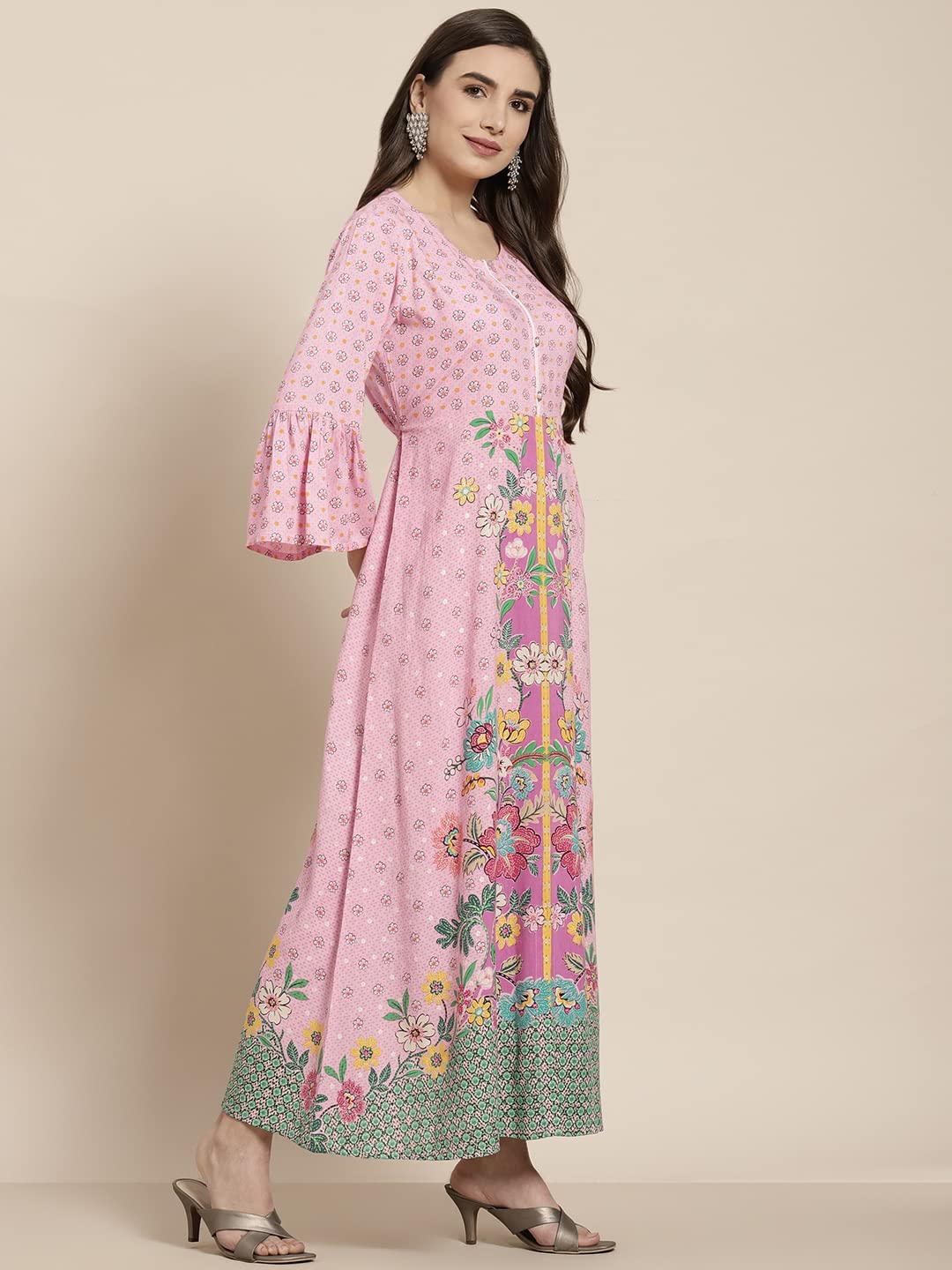 Juniper Women's Pink Floral Printed Rayon Kurta With Buttons Closure At Back