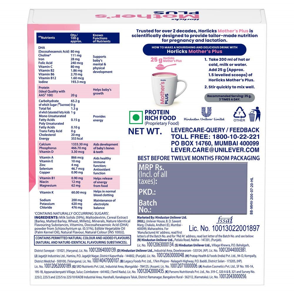 Mother's Horlicks Plus Ingredients