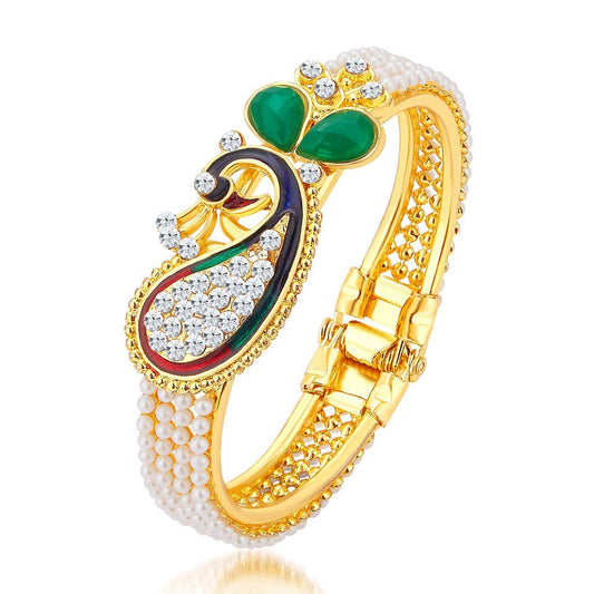 Gold-Plated Alloy Pearl Studded Peacock Enamel Bangle - The Pari - Grab2buy