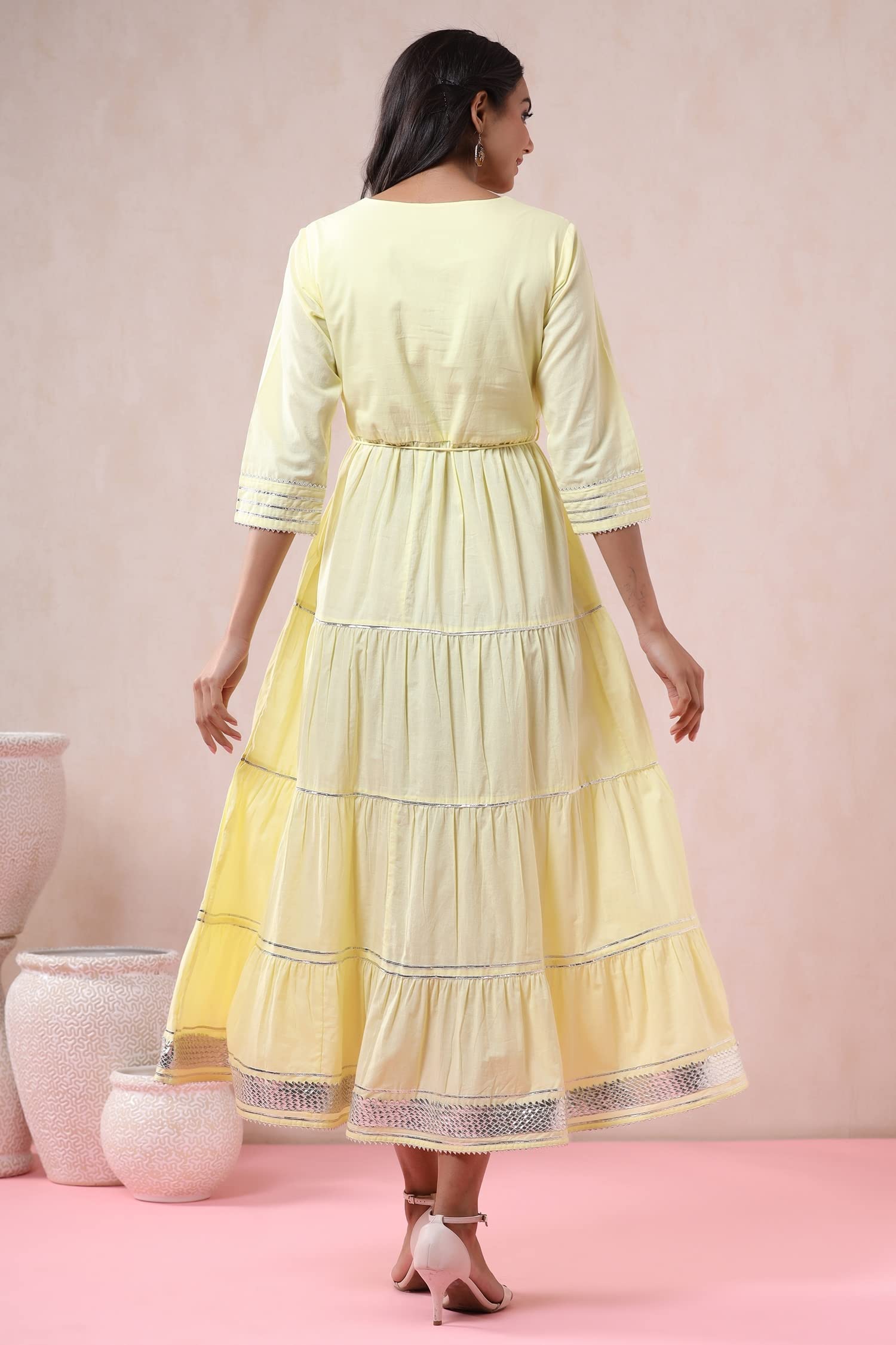 Juniper Women's Yellow Solid Pure Cotton Solid Tiered Maxi Dress With Gota Work Dori Tie-Up & Cushioned Tassels At Waist