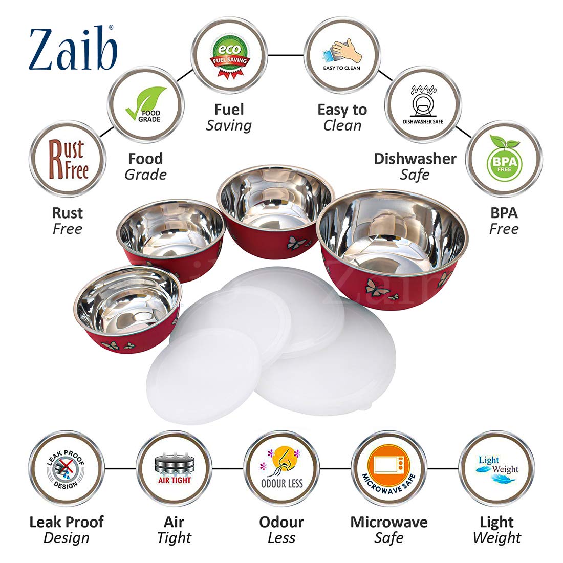 Zaib Microwave Safe Stainless Steel Food Storage Container with Lid|500ml, 800ml, 1250ml, 2000 ml | Reheatable (4 Red Butterfly)  Grab2Buy Zaib Grab2Buy