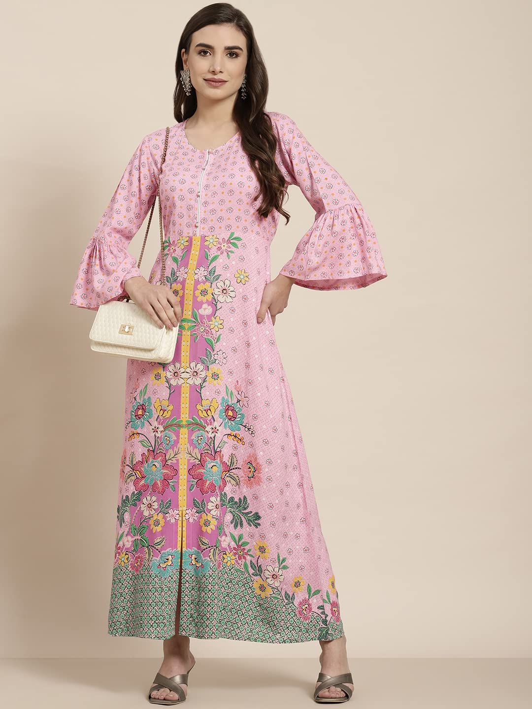 Juniper Women's Pink Floral Printed Rayon Kurta With Buttons Closure At Back