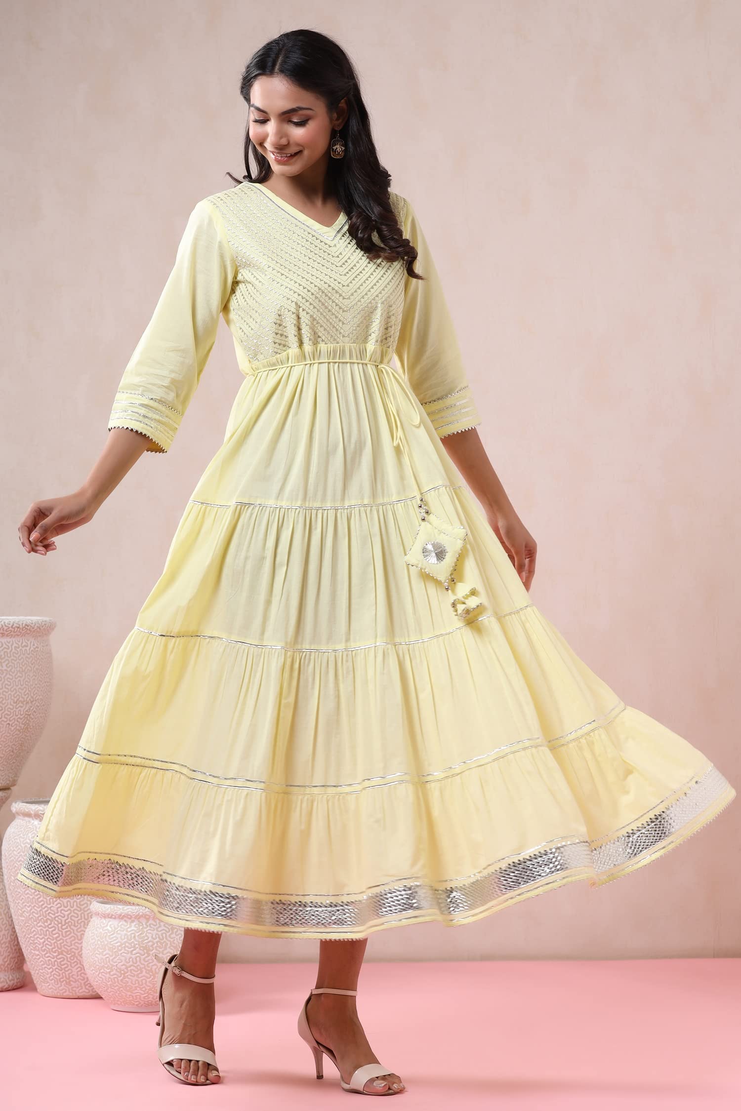 Juniper Women's Yellow Solid Pure Cotton Solid Tiered Maxi Dress With Gota Work Dori Tie-Up & Cushioned Tassels At Waist