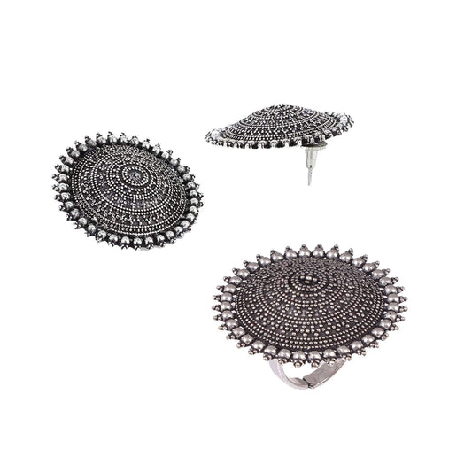Silver-Plated Alloy Antique Silver Round Earrings With Ring - The Pari - Grab2buy