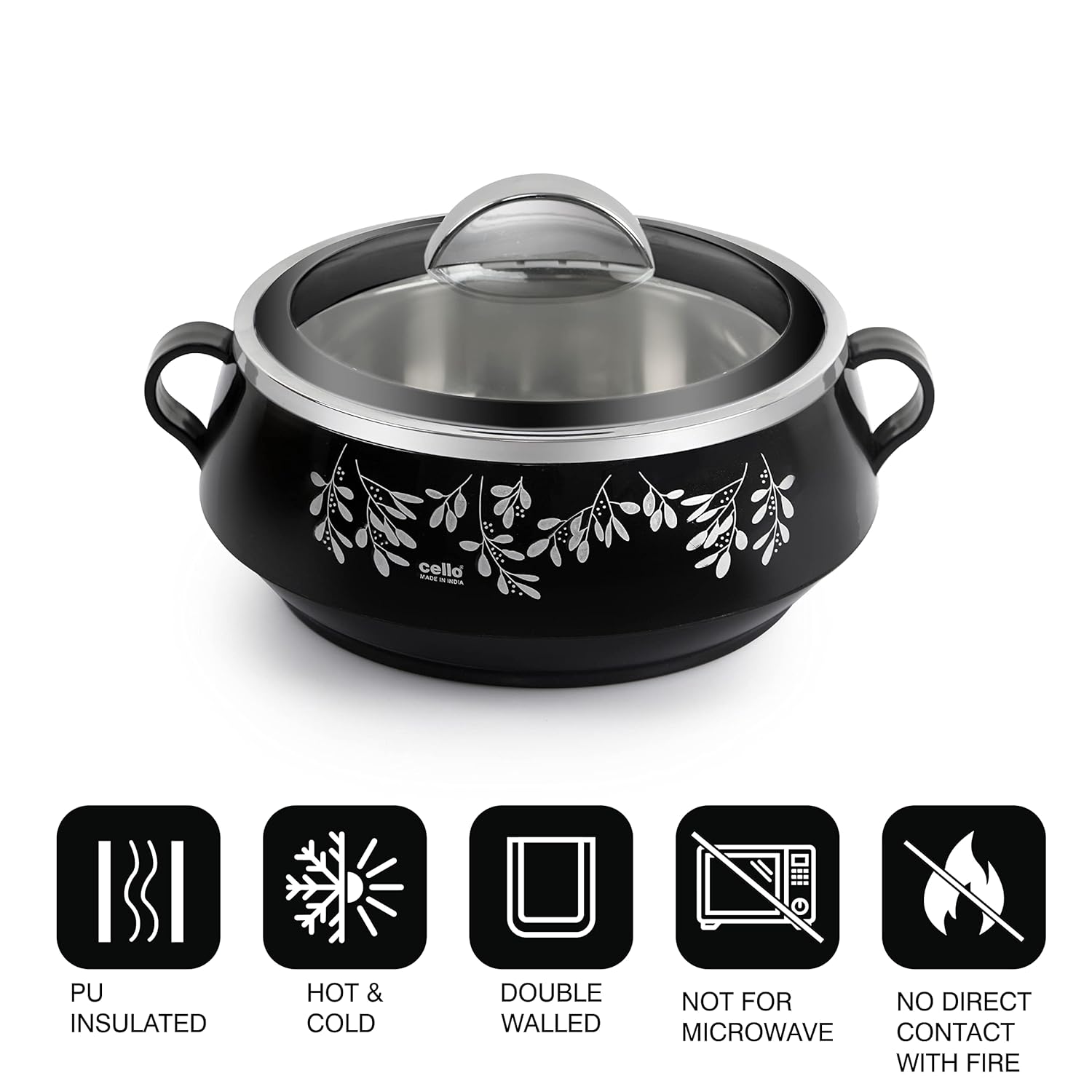 CELLO Glitter Casserole with Inner Steel 3 Unit, Black