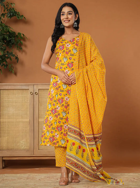 Yufta Mustard Cotton Sleeveless Kurta Dupatta Set