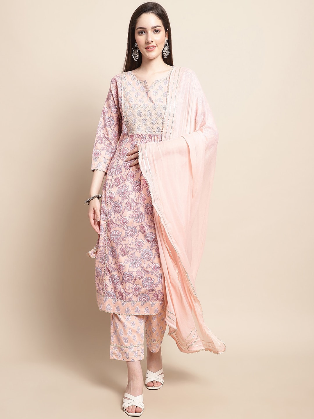 Sangria Printed & Embroidered Pure Cotton A-Line Kurta With Trouser & Dupatta | Grab2Buy