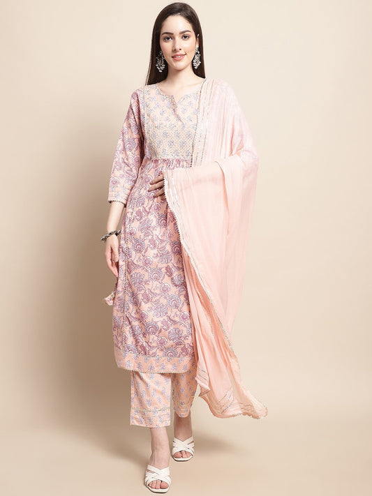 Sangria Printed & Embroidered Pure Cotton A-Line Kurta With Trouser & Dupatta | Grab2Buy