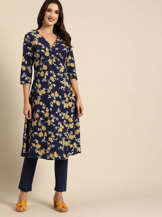 All About You Women Navy Blue Floral Printed Angrakha Pure Cotton Kurta with Trousers