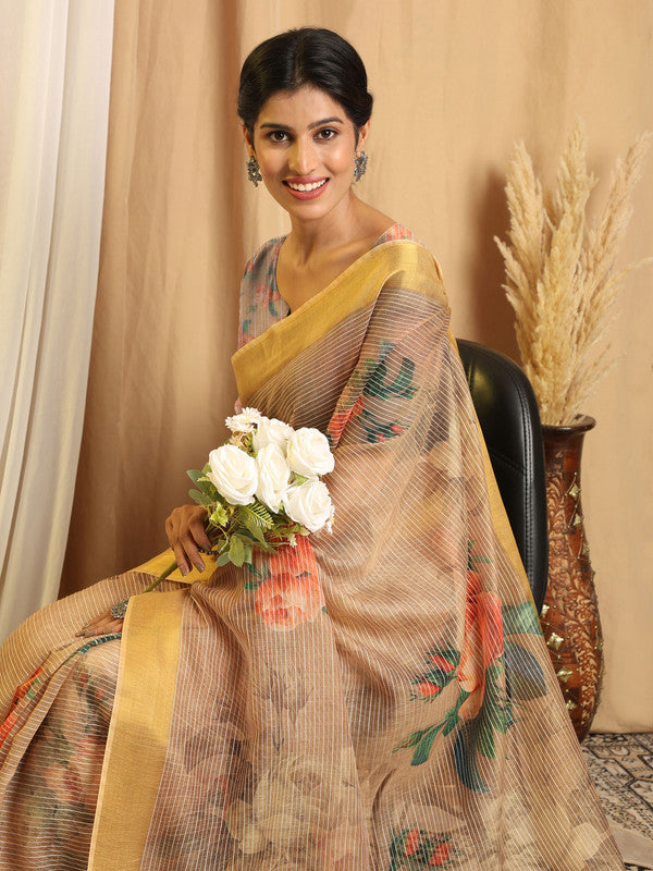 Shivam Fabrics Beige Chanderi Fabric Printed Saree