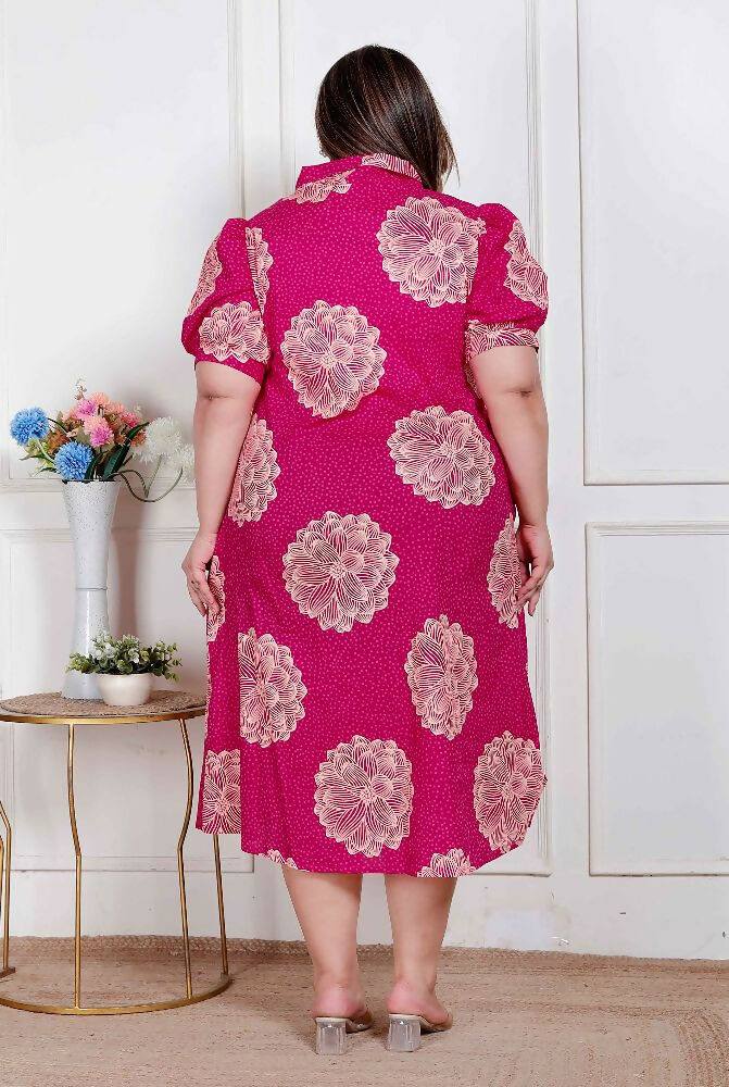 Miravan Plus Size Womens Pink Printed Collar Neck Short Puff Sleeves Cotton A-Line Maxi Dress